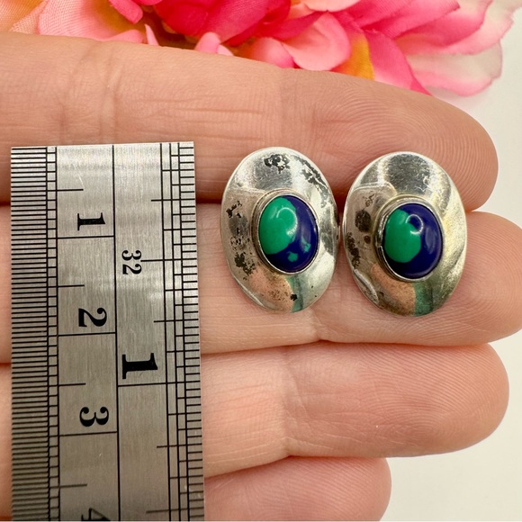 Vintage SJ Selena Jake Navajo Handmade Azurite Stud Earrings Sterling Silver 925 - Picture 6 of 9
